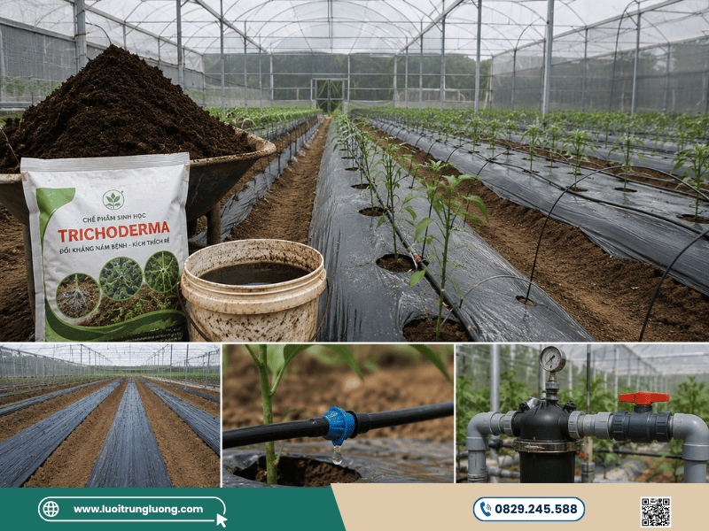 Xử lý giá thể và lắp đặt hệ thống tưới tiêu trong nhà lưới trồng ớt - Lưới Trung Lương Xử lý giá thể và lắp đặt hệ thống tưới tiêu trong nhà lưới trồng ớt