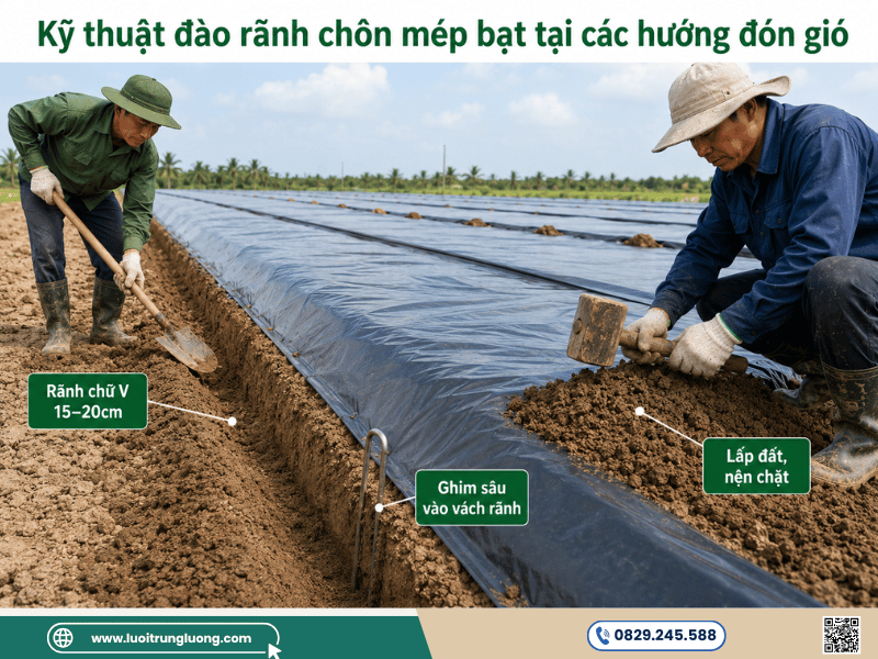 Kỹ thuật đào rãnh chôn mép bạt tại các hướng đón gió