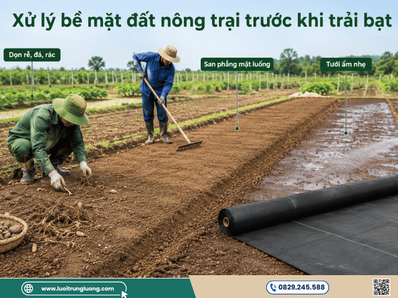 Xử lý bề mặt của các luống đất trước khi trải bạt chống cỏ